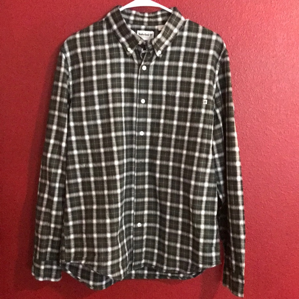Mens timberland long sleeve forest green and white shadow plaid flannel